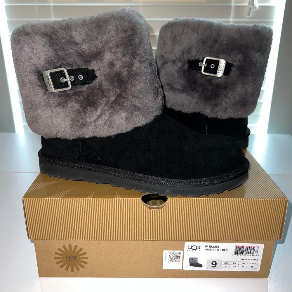 Ugg Australia Ellee Boots Black Buckle Gray Fur Skeepskin